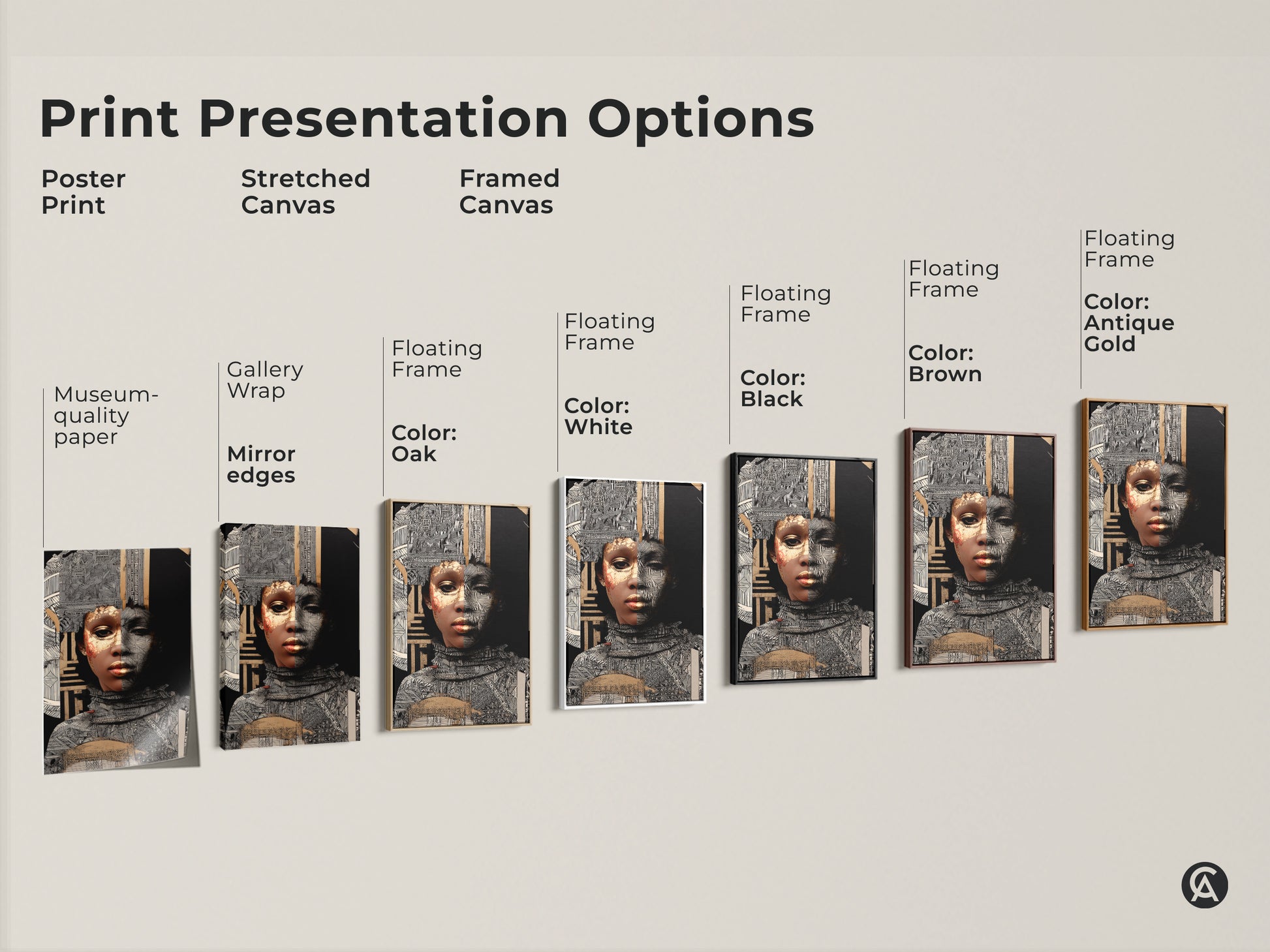 Explore print presentation options for African woman art. Choose from poster prints stretched canvas or framed canvas. Each features gold geometric designs in black and white.