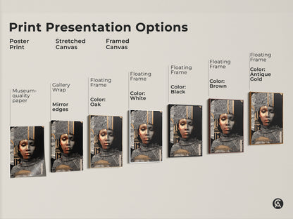 Explore print presentation options for African woman art. Choose from poster prints stretched canvas or framed canvas. Each features gold geometric designs in black and white.