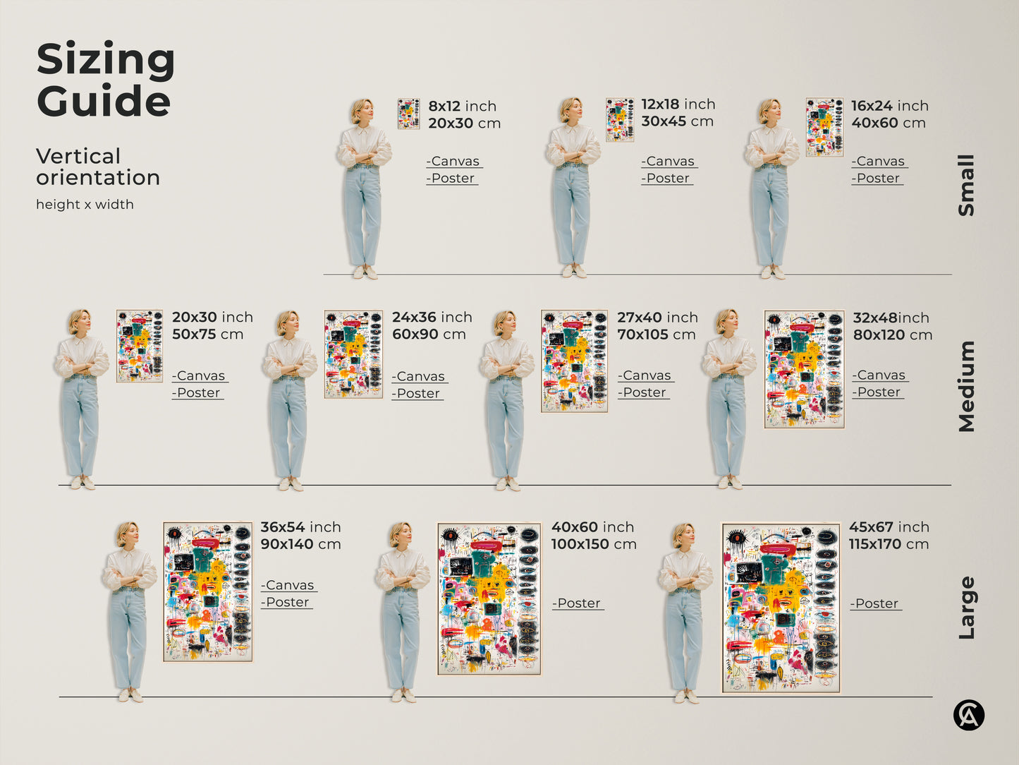 Sizing guide for vertical abstract art orientation. Visualize this artwork in small medium and large sizes. Available as canvas or poster. Sizes range from 8x12 to 45x67 inches to suit your space.