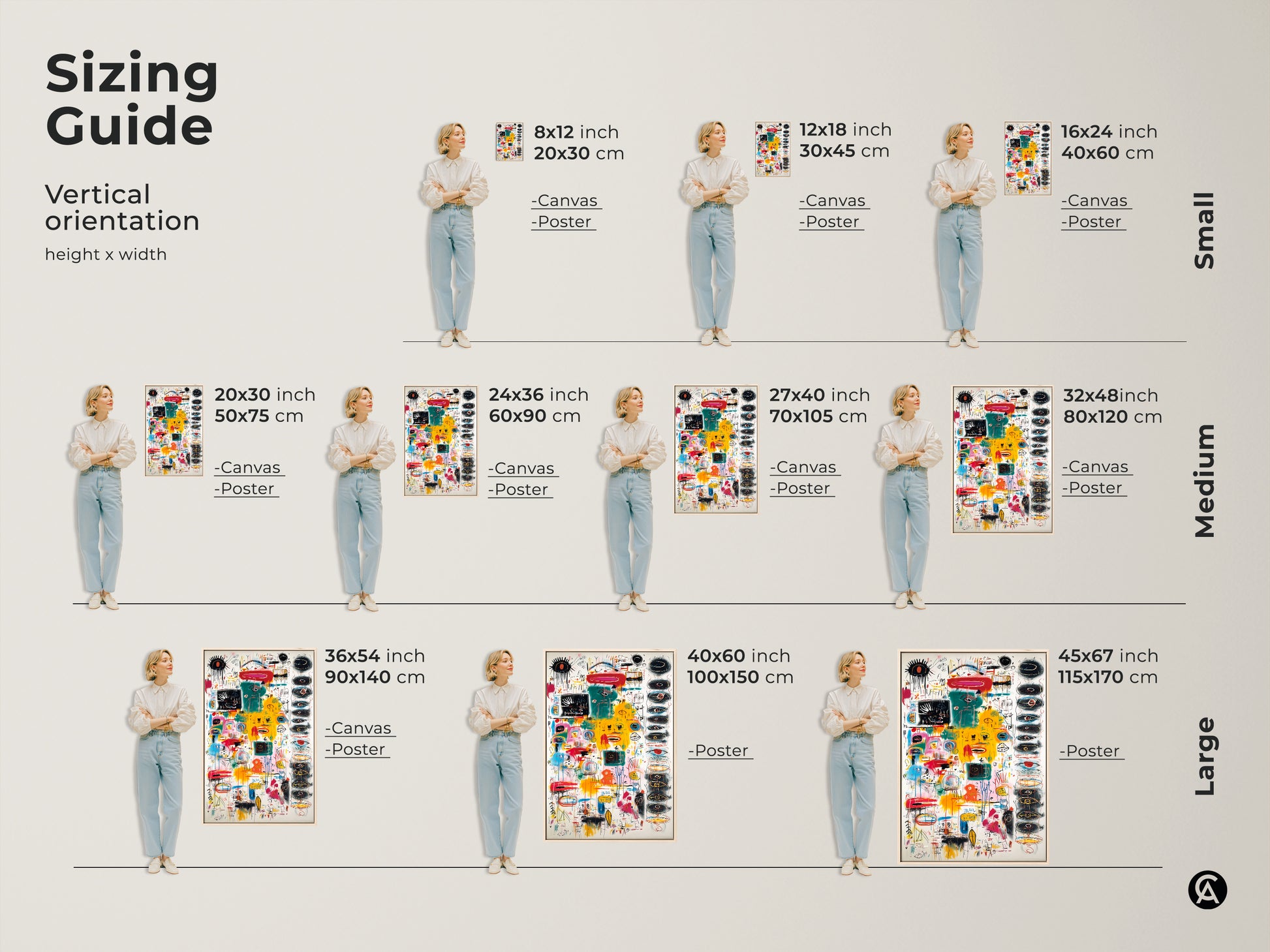 Sizing guide for vertical abstract art orientation. Visualize this artwork in small medium and large sizes. Available as canvas or poster. Sizes range from 8x12 to 45x67 inches to suit your space.