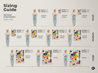 Sizing guide for vertical abstract art orientation. Visualize this artwork in small medium and large sizes. Available as canvas or poster. Sizes range from 8x12 to 45x67 inches to suit your space.