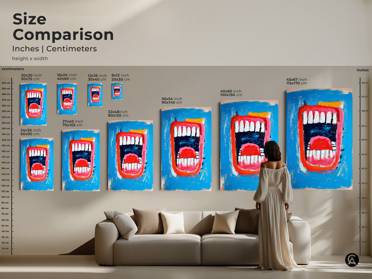 A size comparison of the mouth artwork. See how different sizes fit above a sofa. Choose from various dimensions in inches and centimeters. Visualize the impact of this artwork in your living space.