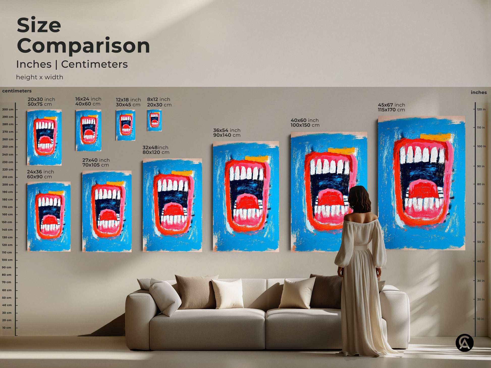 A size comparison of the mouth artwork. See how different sizes fit above a sofa. Choose from various dimensions in inches and centimeters. Visualize the impact of this artwork in your living space.