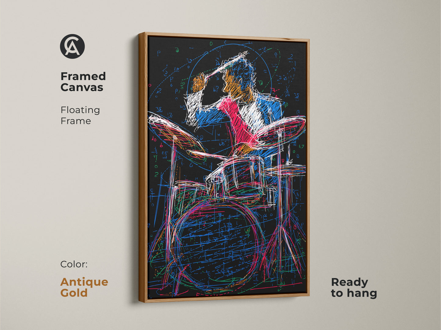Showcasing the abstract drummer sketch artwork in a floating frame. It is framed in antique gold. This canvas art creates a lively atmosphere. Perfect for those seeking unique musician themed wall decor.
