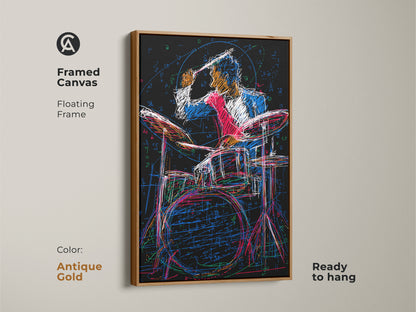 Showcasing the abstract drummer sketch artwork in a floating frame. It is framed in antique gold. This canvas art creates a lively atmosphere. Perfect for those seeking unique musician themed wall decor.