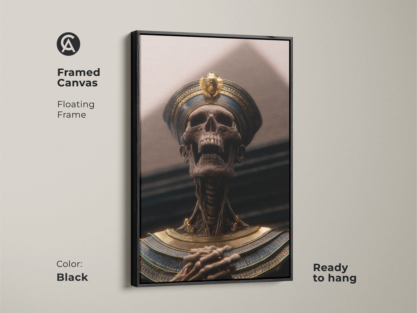 Black framed canvas of a pharaoh skeleton. A gothic Egyptian decor blending Dark Academia with gold blue hues. This ready to hang royal tomb wall art is perfect for study or office. It showcases skeletal pharaoh art with an ancient tomb theme. A premium pharaoh print for unique man cave art.