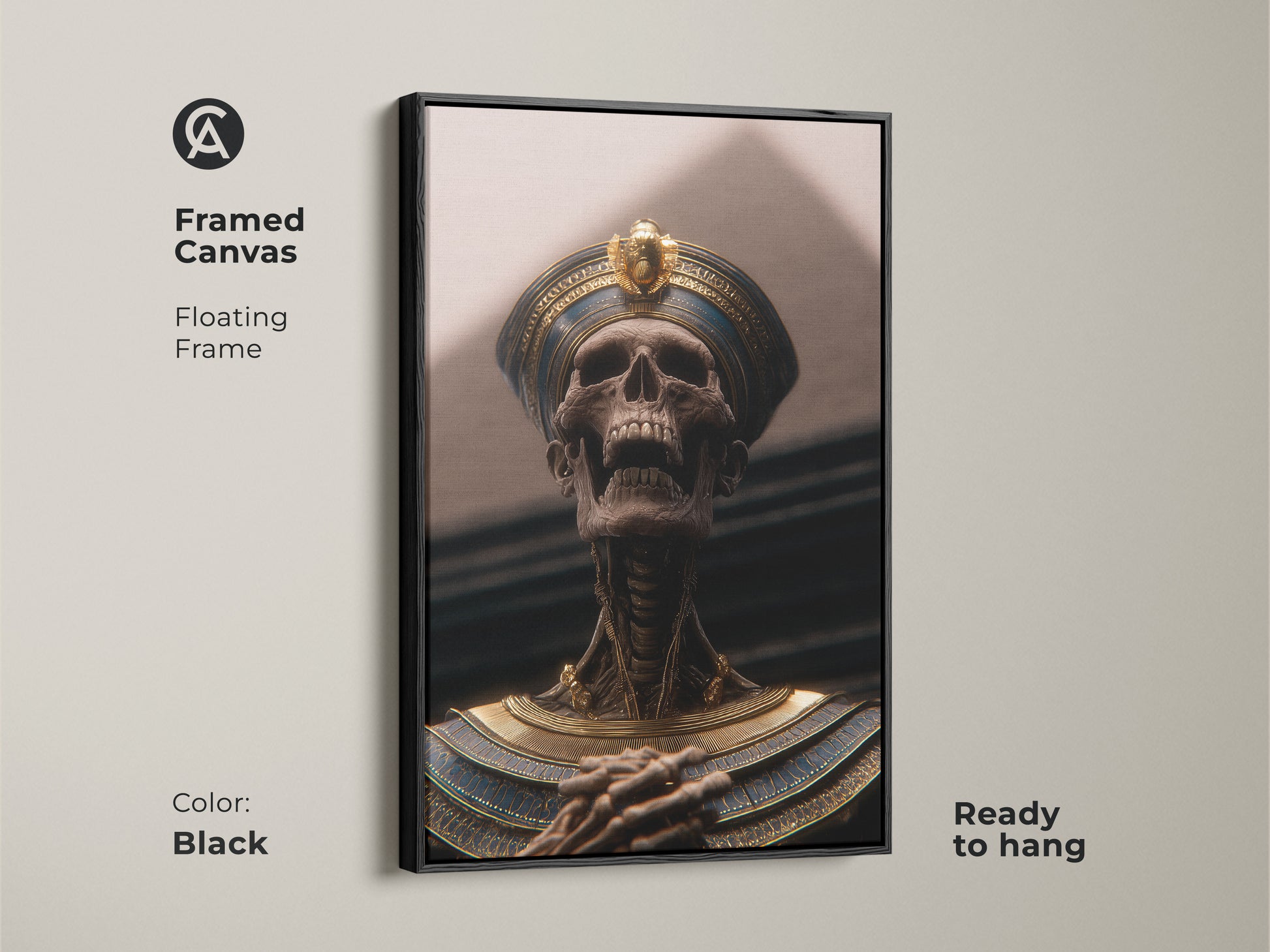 Black framed canvas of a pharaoh skeleton. A gothic Egyptian decor blending Dark Academia with gold blue hues. This ready to hang royal tomb wall art is perfect for study or office. It showcases skeletal pharaoh art with an ancient tomb theme. A premium pharaoh print for unique man cave art.