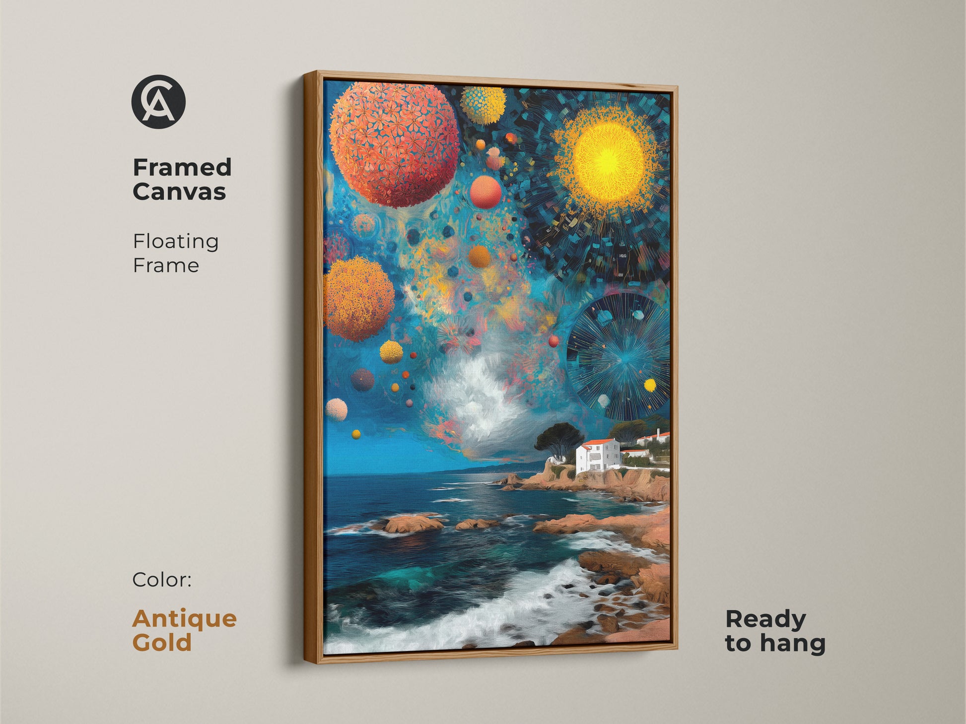 Framed canvas featuring surreal celestial orbs above a Mediterranean villa. The antique gold floating frame elevates the eclectic abstract. Ready to hang this artwork brings a vivid dreamlike quality to any space.