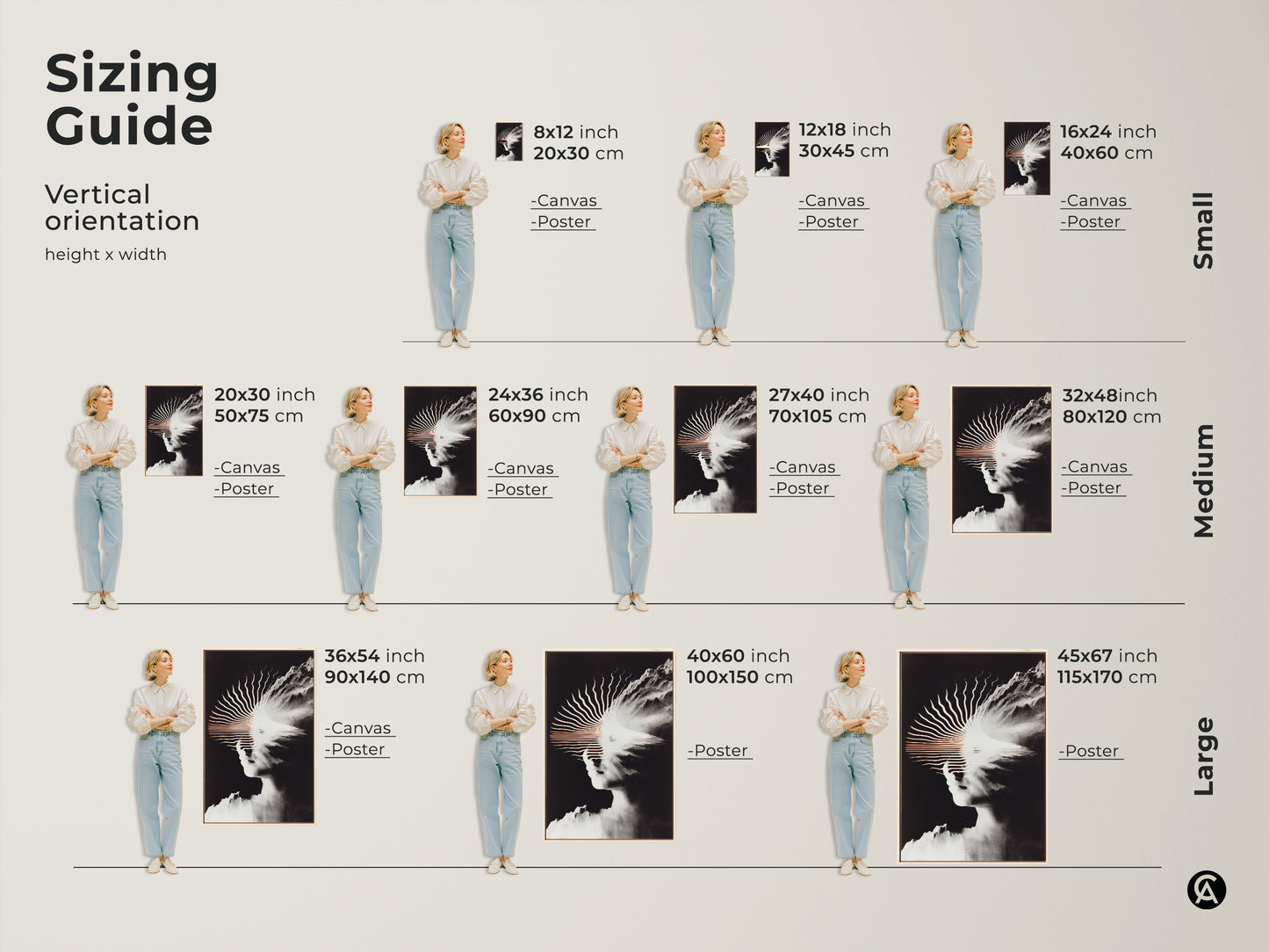 A sizing guide shows a woman posing next to canvas and poster prints in small medium and large sizes. This artwork features an abstract face merged with a mountain in black and white. Find the perfect size for your space wall art.