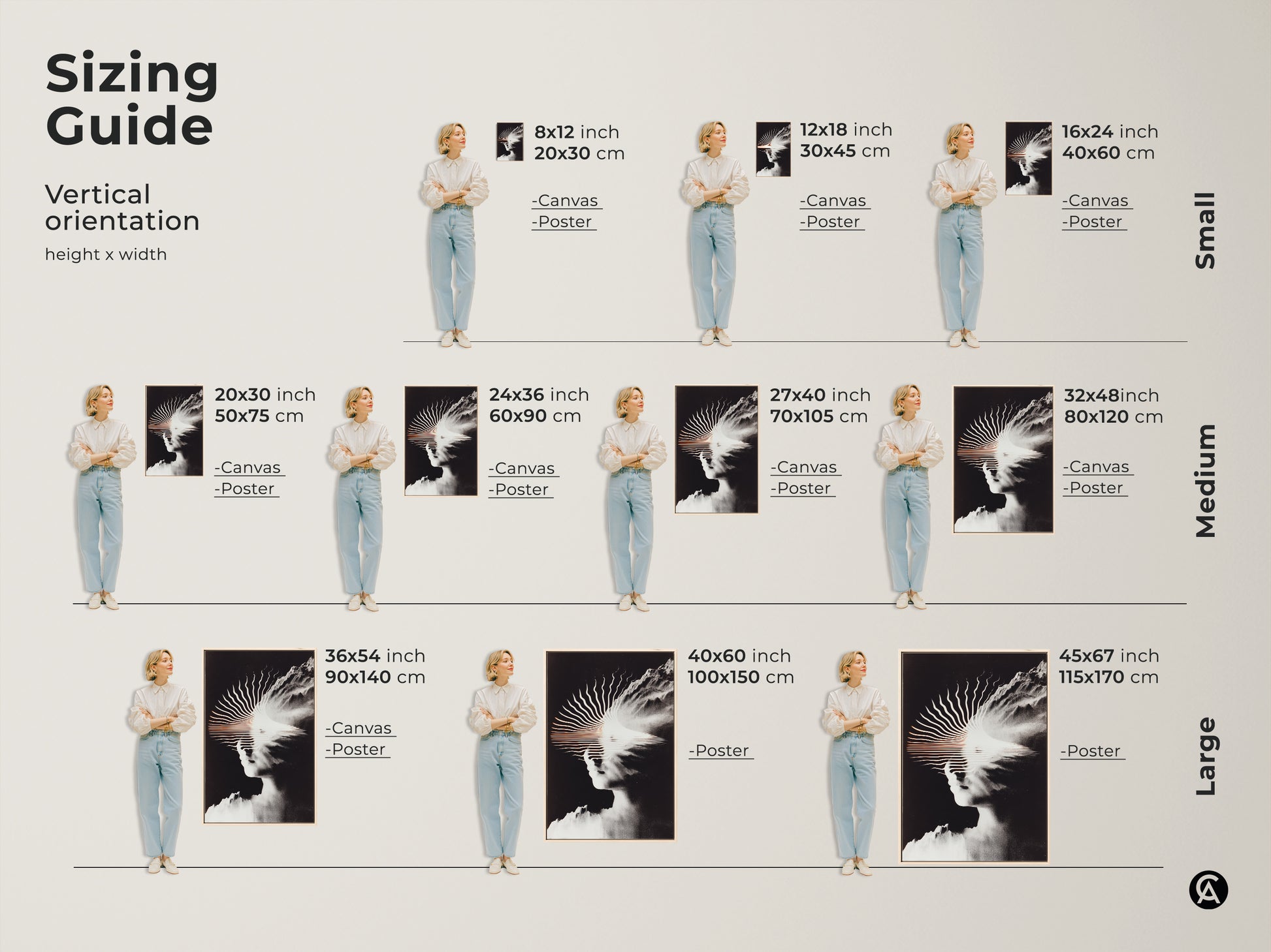 A sizing guide shows a woman posing next to canvas and poster prints in small medium and large sizes. This artwork features an abstract face merged with a mountain in black and white. Find the perfect size for your space wall art.