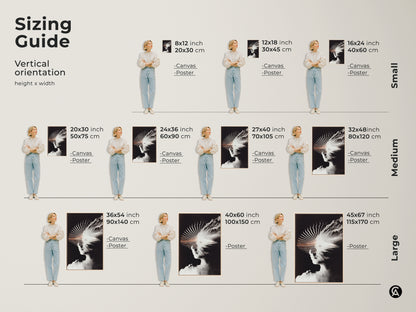 A sizing guide shows a woman posing next to canvas and poster prints in small medium and large sizes. This artwork features an abstract face merged with a mountain in black and white. Find the perfect size for your space wall art.