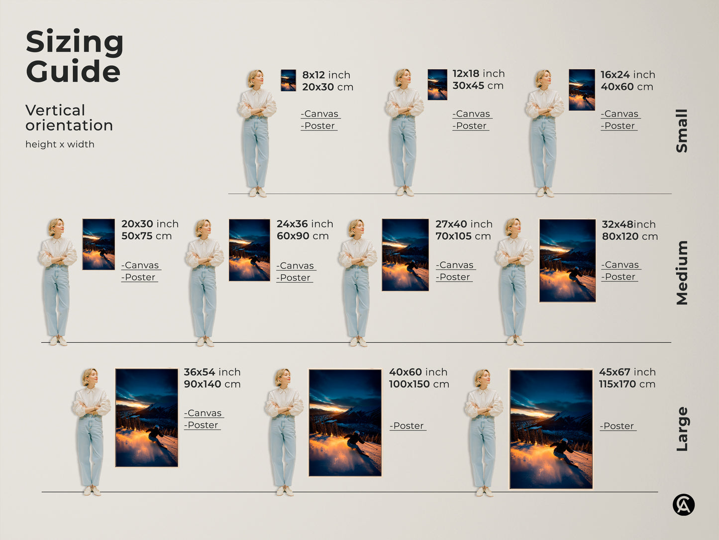 Discover the perfect size for your ski-themed artwork with our vertical orientation sizing guide. Options range from small 8x12 inch prints to large 45x67 inch canvases. Visualize how each size will look in your space. Find the ideal fit for your mountain landscape art.