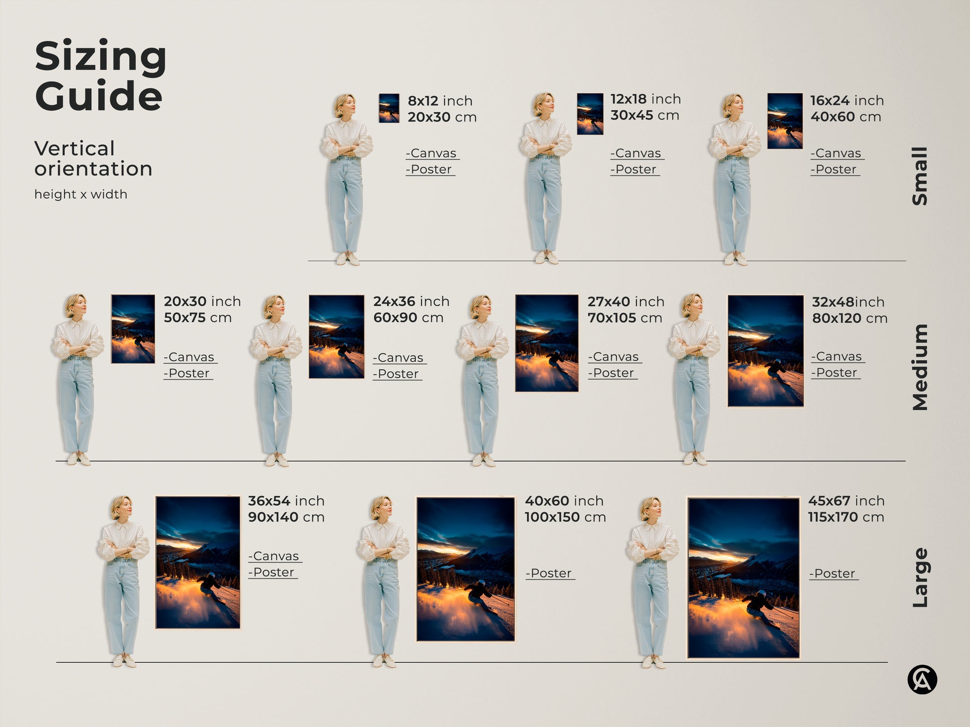 Discover the perfect size for your ski-themed artwork with our vertical orientation sizing guide. Options range from small 8x12 inch prints to large 45x67 inch canvases. Visualize how each size will look in your space. Find the ideal fit for your mountain landscape art.