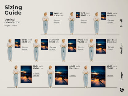 Discover the perfect size for your ski-themed artwork with our vertical orientation sizing guide. Options range from small 8x12 inch prints to large 45x67 inch canvases. Visualize how each size will look in your space. Find the ideal fit for your mountain landscape art.