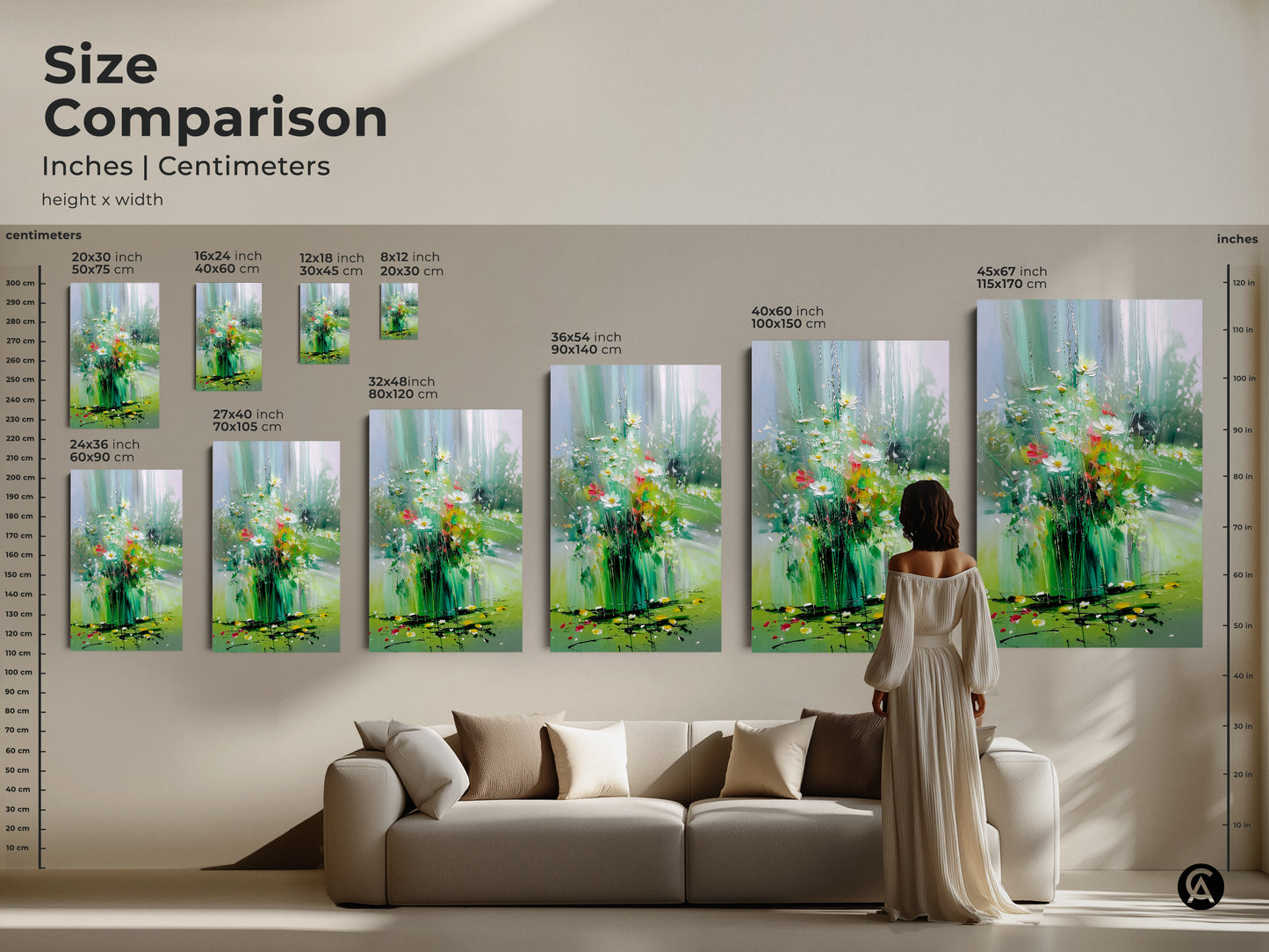 Size comparison of impressionistic wildflower art prints and canvas. See how different sizes fit above a sofa creating a focal point. Botanical artwork in emerald green enhances a boho aesthetic. Choose the perfect size for your nature-inspired wall decor.