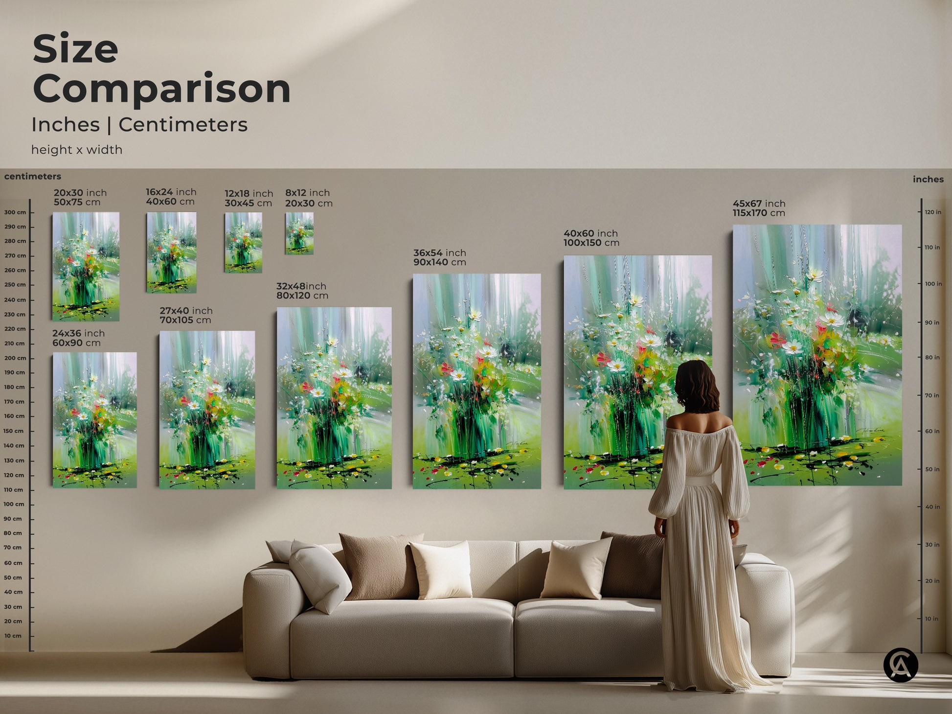 Size comparison of impressionistic wildflower art prints and canvas. See how different sizes fit above a sofa creating a focal point. Botanical artwork in emerald green enhances a boho aesthetic. Choose the perfect size for your nature-inspired wall decor.