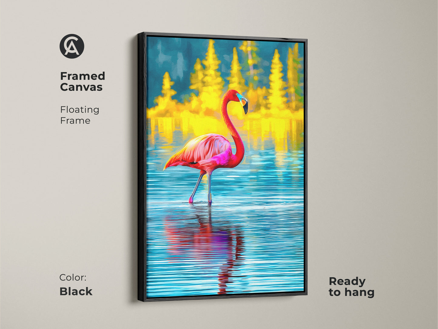Framed canvas art featuring a tropical pink flamingo. The floating frame enhances this nature-inspired artwork. The flamingo is in blue water. Yellow pine trees add a touch of color. Ready to hang in a black frame. Great for eclectic decor.