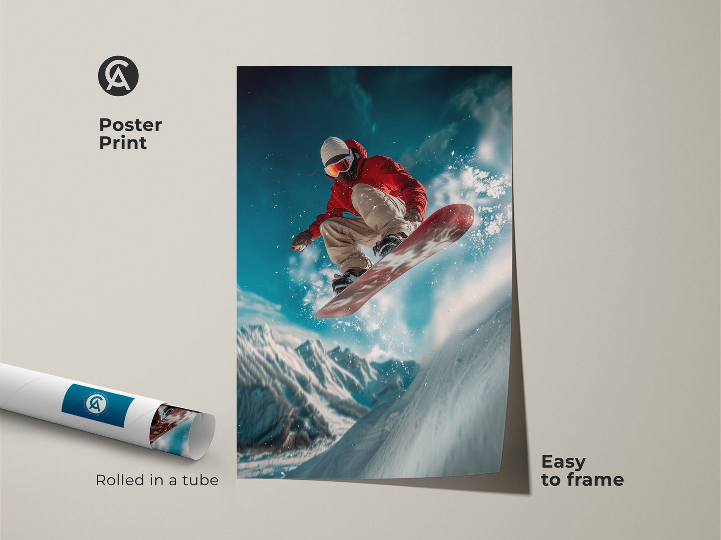 This poster print showcases a snowboarder performing a jump. The artwork comes rolled in a tube for easy framing. Add a sporty touch to your walls with this unique piece. Ideal for those who love winter sports and action-packed scenes. Get ready to frame and display