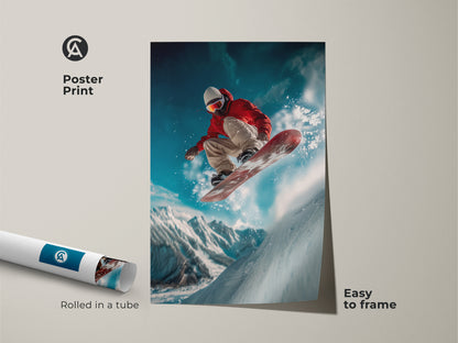 This poster print showcases a snowboarder performing a jump. The artwork comes rolled in a tube for easy framing. Add a sporty touch to your walls with this unique piece. Ideal for those who love winter sports and action-packed scenes. Get ready to frame and display