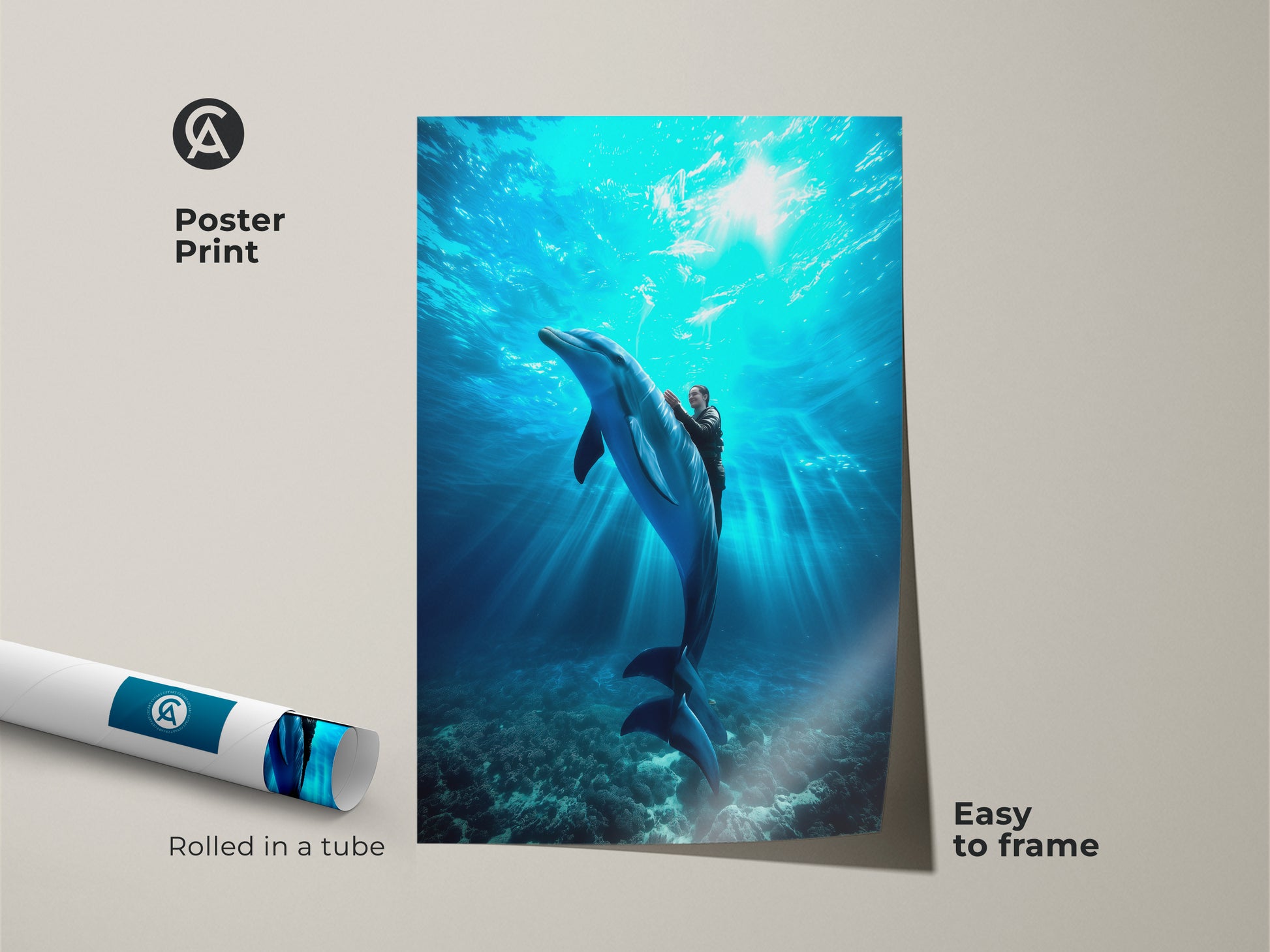 This poster print shows a person riding a dolphin. It's an underwater adventure wall art. The deep blue ocean scene is photorealistic. This coastal home decor print is easy to frame. It adds marine life vibes.