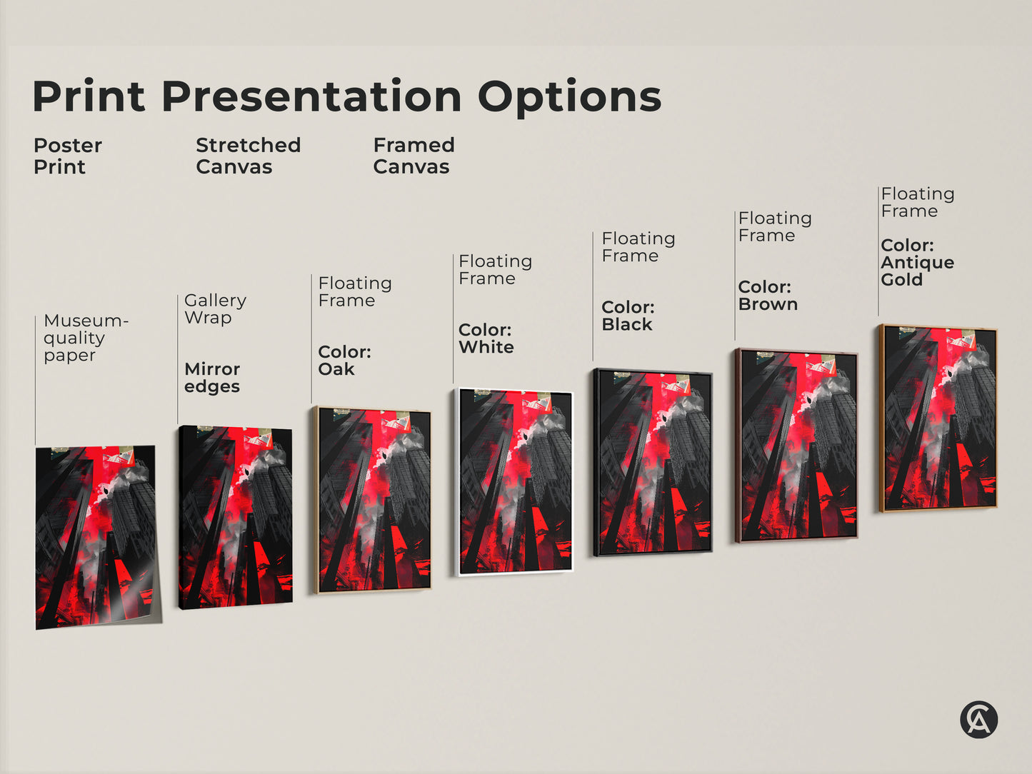 Explore presentation options for this abstract cityscape artwork. Choose from poster prints stretched canvas and framed canvas. Customize with black brown oak or antique gold frames.