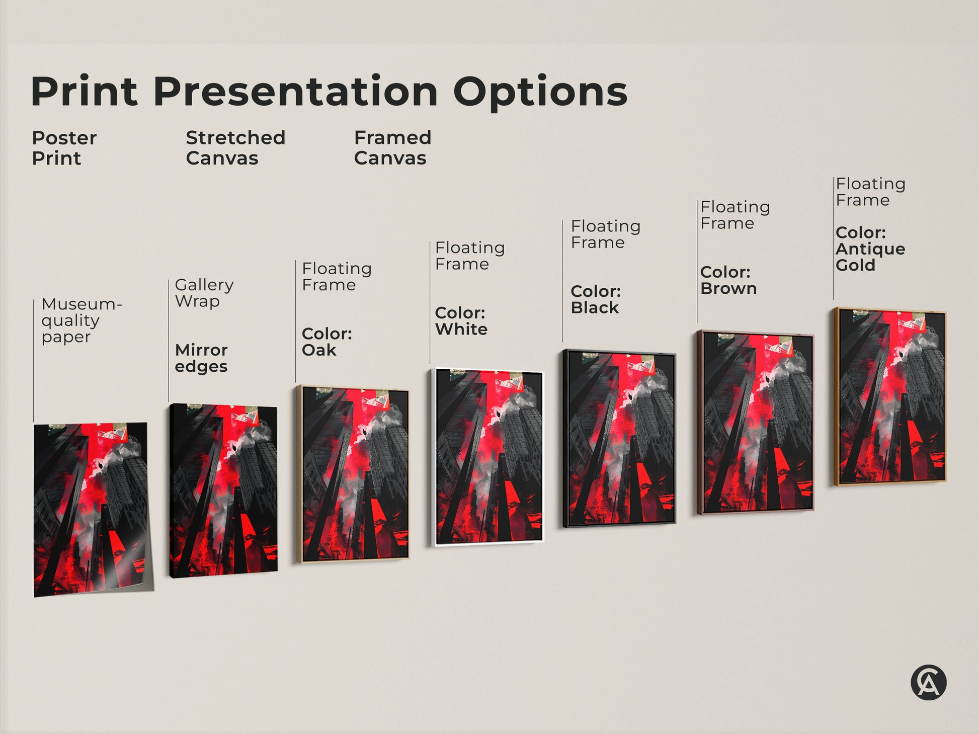 Explore presentation options for this abstract cityscape artwork. Choose from poster prints stretched canvas and framed canvas. Customize with black brown oak or antique gold frames.