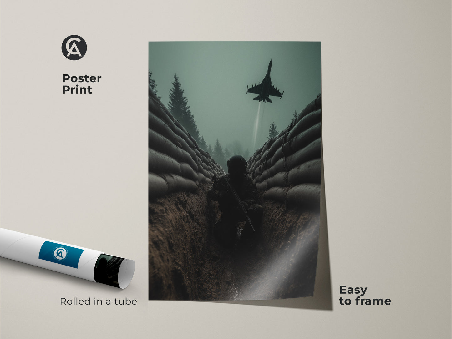 A poster print showcasing a soldier in a trench. There is a fighter jet flying above. This misty green warfare canvas is perfect for a study room. The print is easy to frame. This aviation combat art is rolled in a tube for protection.