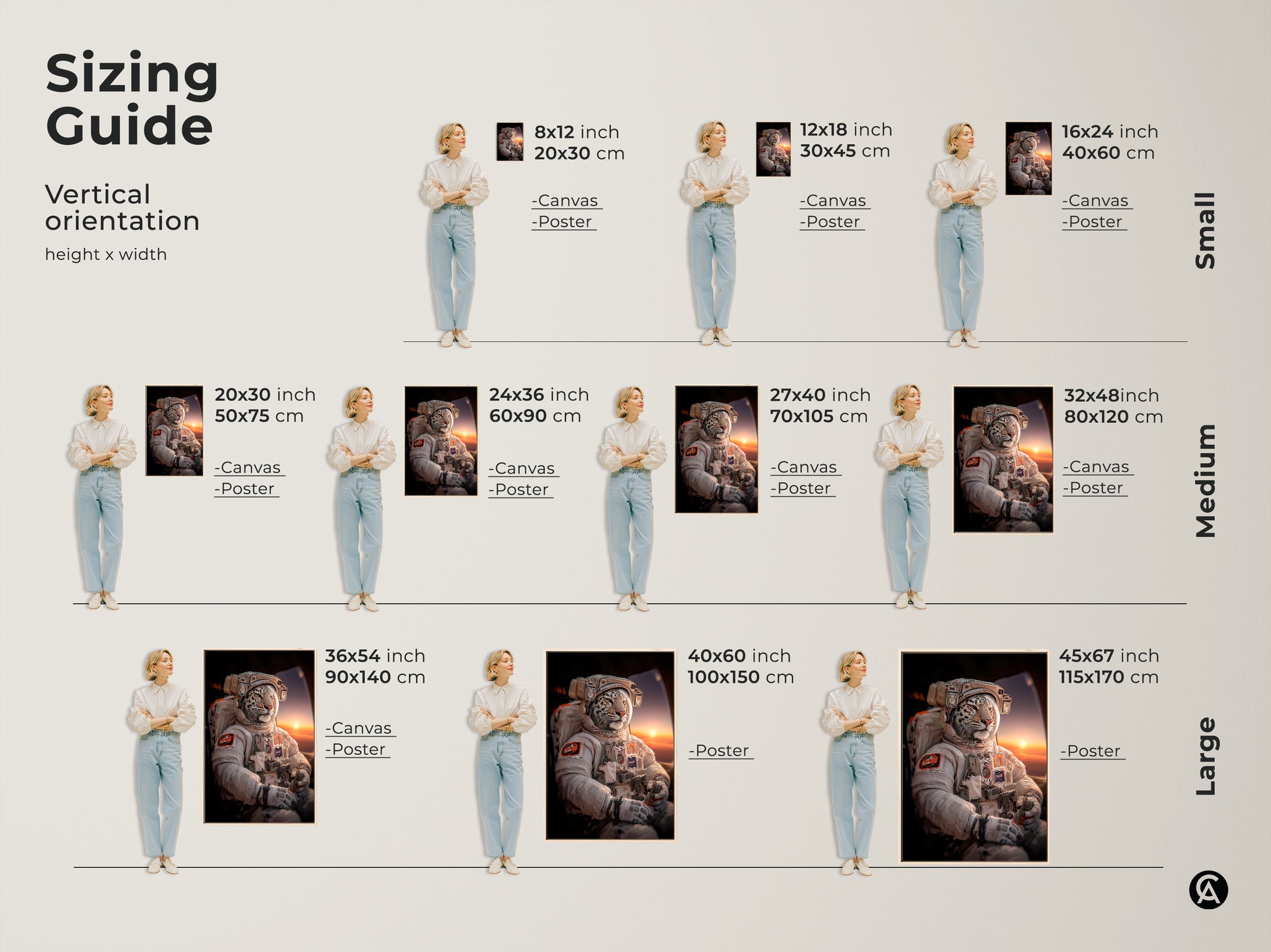 Sizing guide presents vertical art orientation options for the leopard astronaut art. Options range from small to large. Various canvas and poster sizes are available. This unique sci-fi art transforms any space. Find the perfect fit for your contemporary home art.