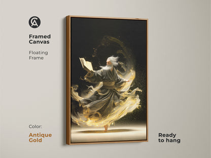 A framed canvas print displays an elderly man reading a magic book. The swirling golden energy of this fantasy artwork creates a spiritual mood. The antique gold floating frame is ready to hang. It adds an eclectic touch to your decor.