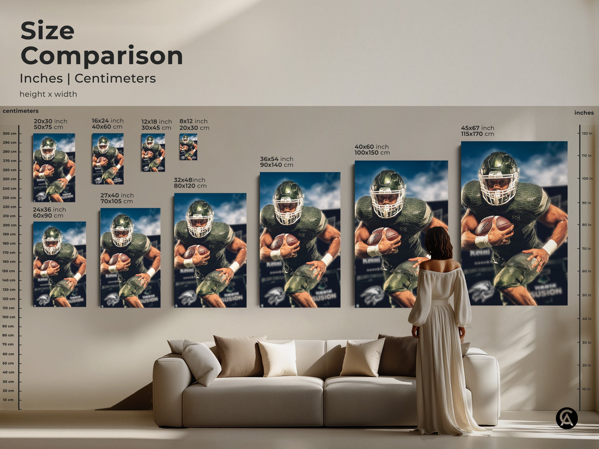 Size comparison of American football player art in various sizes. This canvas print is perfect for a man cave. The green and white artwork adds an energetic vibe to any space. Modern sports decor for any sports enthusiast.