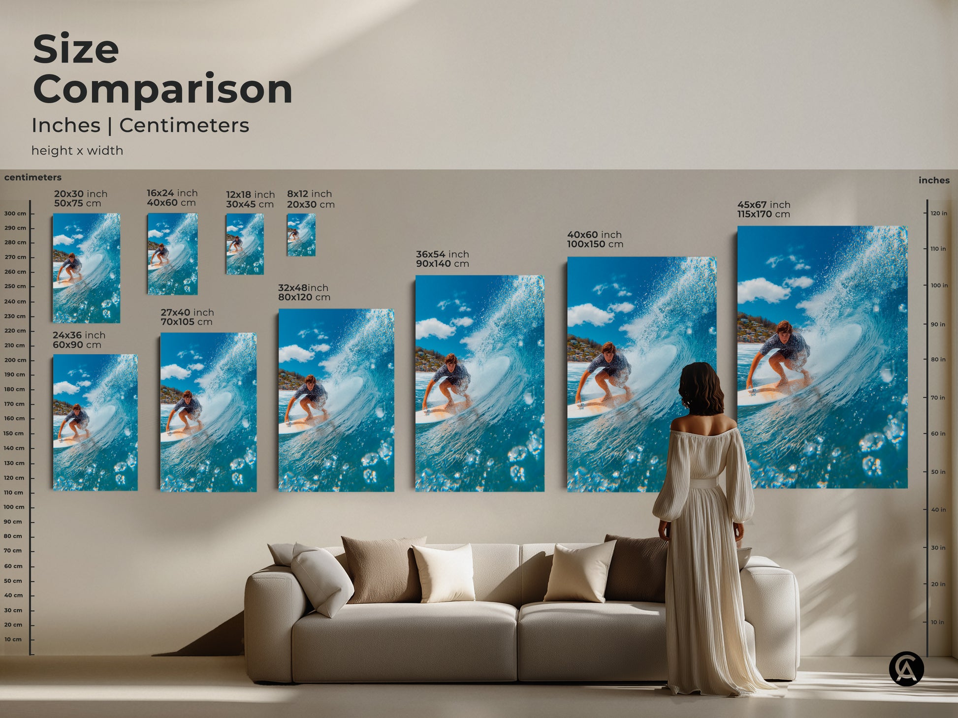 Size comparison of surfing artwork. See the art in a living room setting. Canvas and poster prints are available in multiple sizes. Find the perfect size for your space. High-quality surfing prints for any room