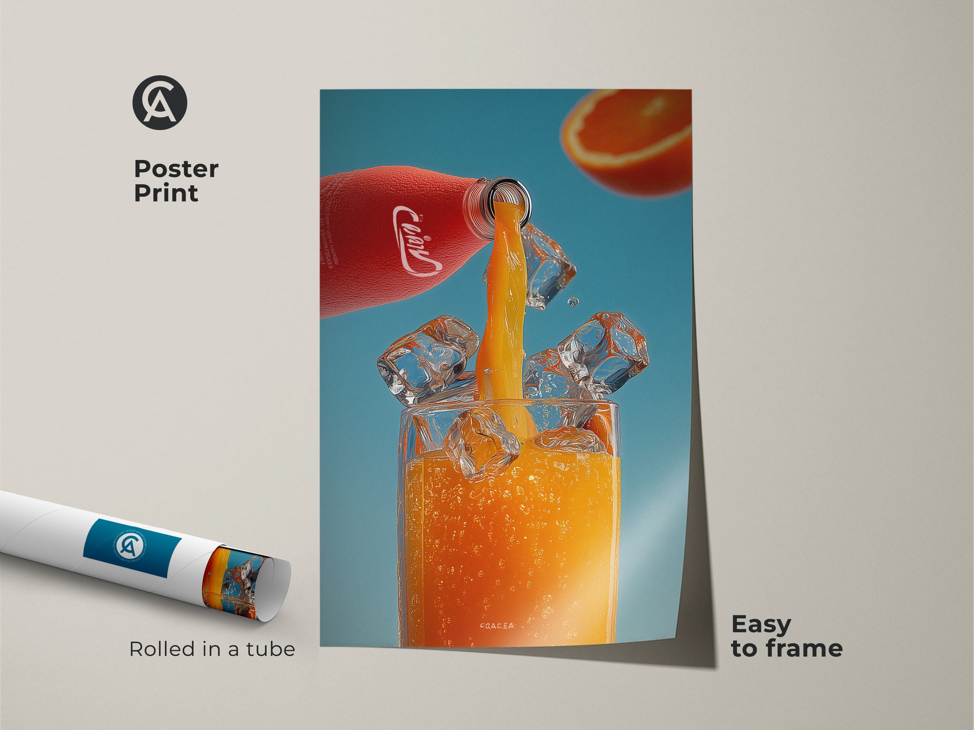 Poster print of orange juice being poured over ice. Modern kitchen art rolled in a tube for easy framing. This refreshing beverage print features a red bottle and blue background. A perfect gift for juice enthusiasts or a colorful addition to any space.
