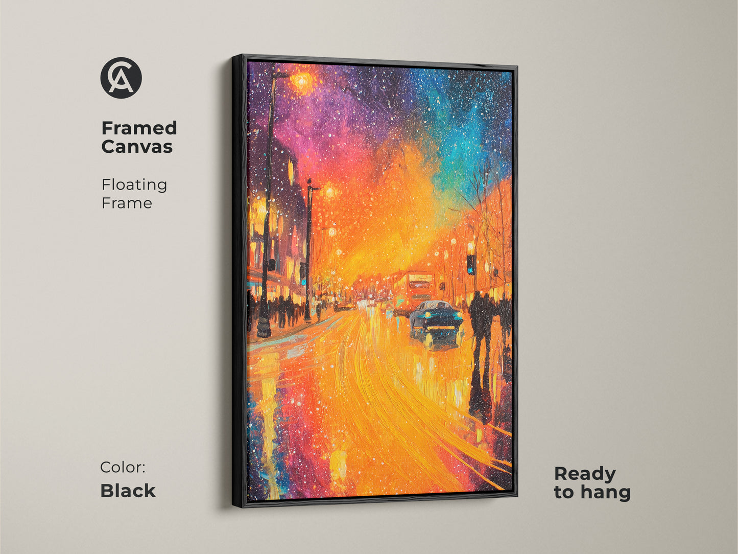 Enhance your home decor with this framed canvas art. The floating frame in black adds a touch of modern elegance. The vibrant city street scene artwork creates a focal point. It is ready to hang and enjoy. Bring urban sophistication to any room. Get your framed canvas today.
