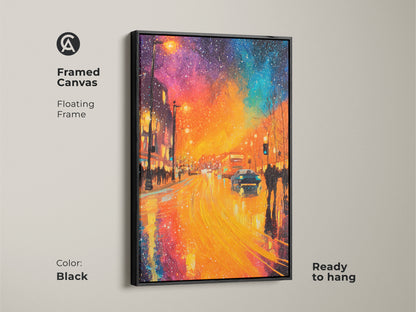 Enhance your home decor with this framed canvas art. The floating frame in black adds a touch of modern elegance. The vibrant city street scene artwork creates a focal point. It is ready to hang and enjoy. Bring urban sophistication to any room. Get your framed canvas today.