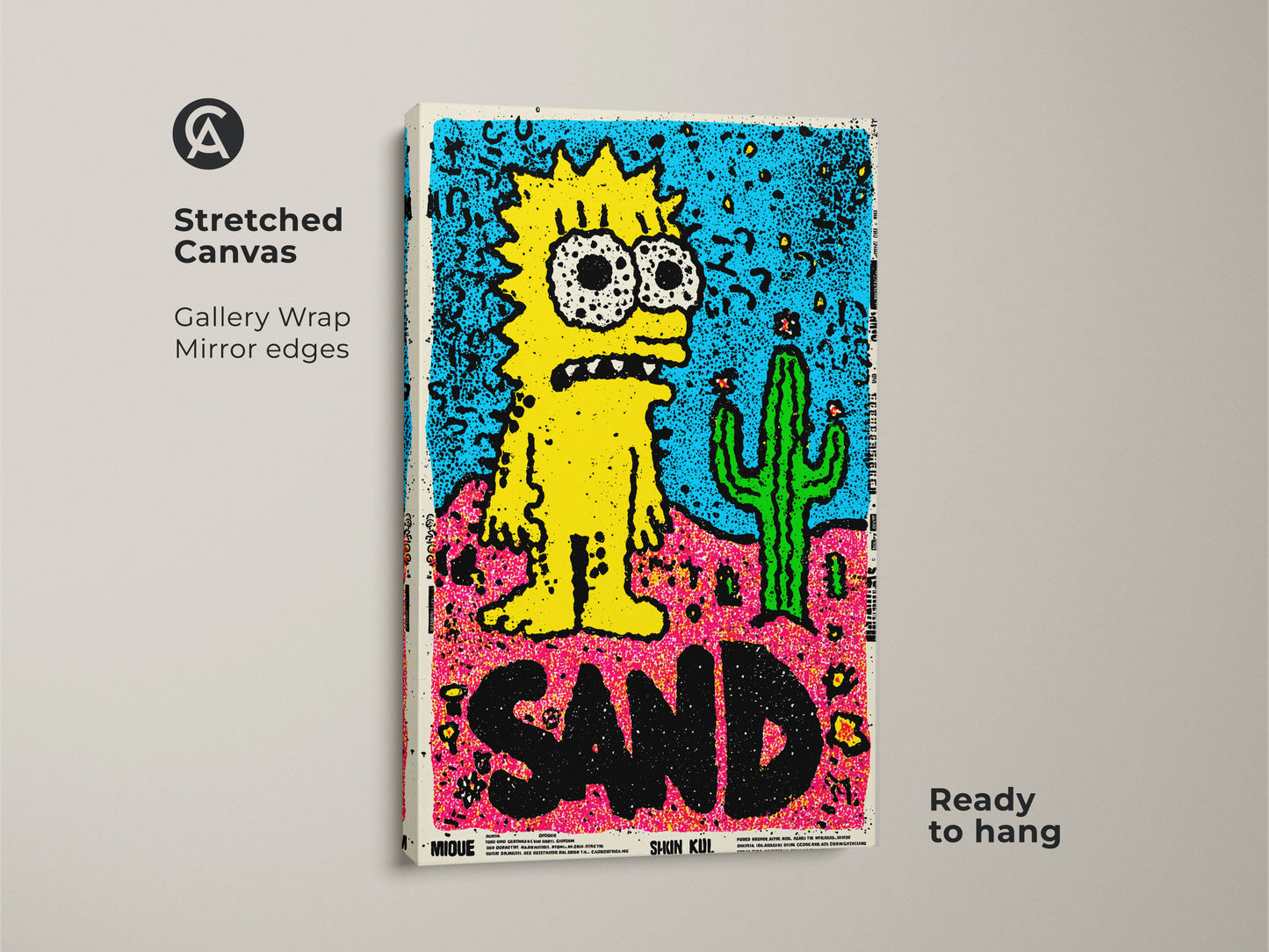 Stretched Canvas Simpsons Inspired Art. Gallery wrapped with mirrored edges this artwork of a yellow cartoon character and cactus is ready to hang. A unique and eye-catching piece.