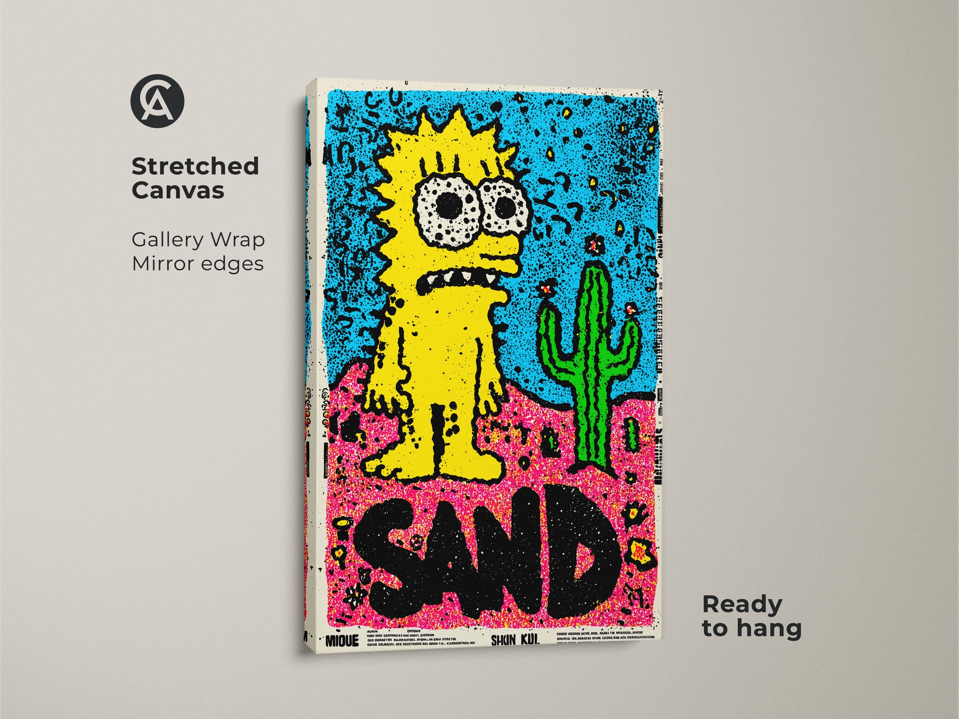 Stretched Canvas Simpsons Inspired Art. Gallery wrapped with mirrored edges this artwork of a yellow cartoon character and cactus is ready to hang. A unique and eye-catching piece.