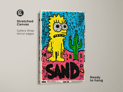 Stretched Canvas Simpsons Inspired Art. Gallery wrapped with mirrored edges this artwork of a yellow cartoon character and cactus is ready to hang. A unique and eye-catching piece.