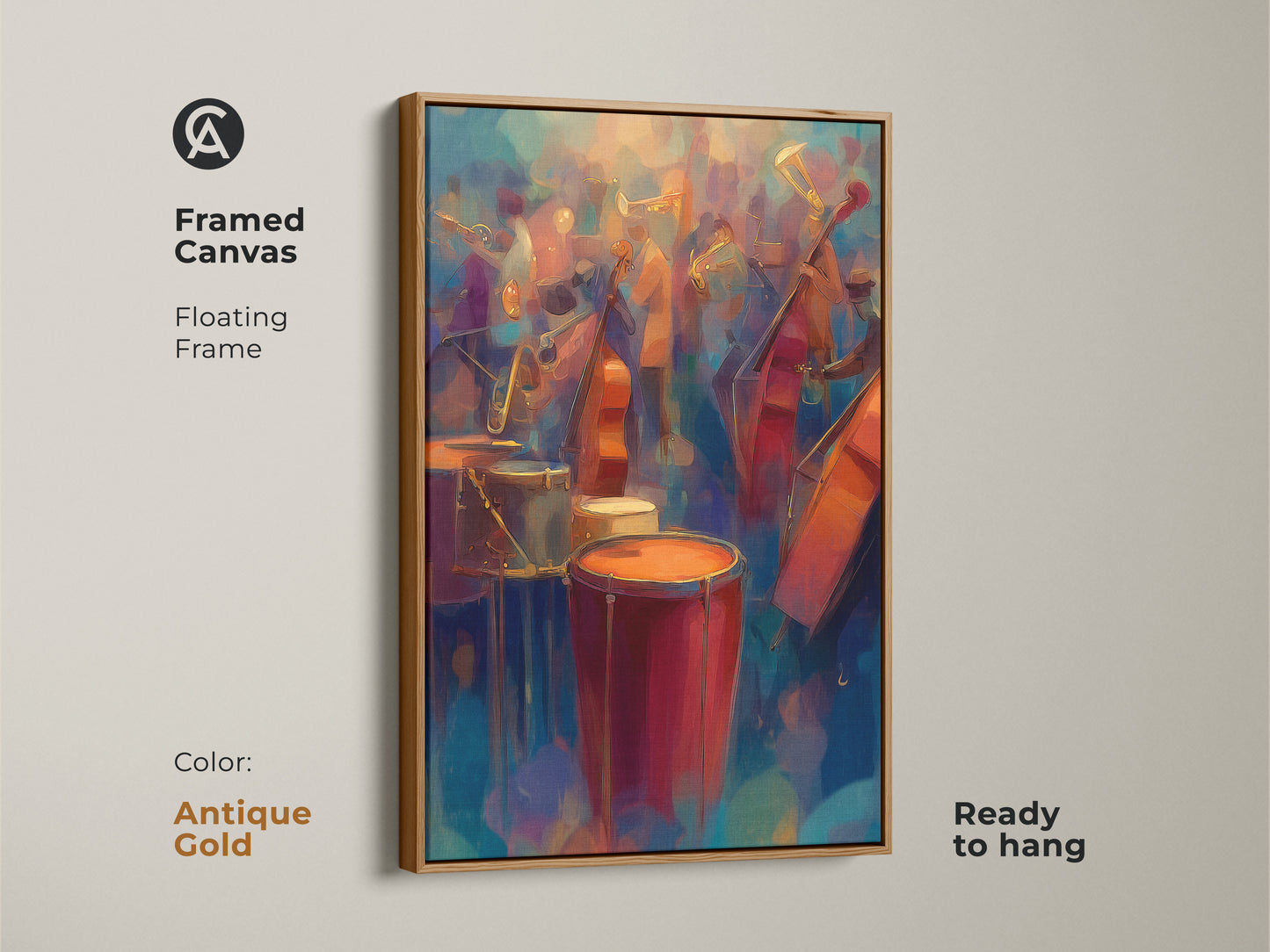 This abstract jazz band artwork is framed in antique gold. The canvas features a floating frame. It is ready to hang. The eclectic wall decor adds a vintage touch for music aficionados.