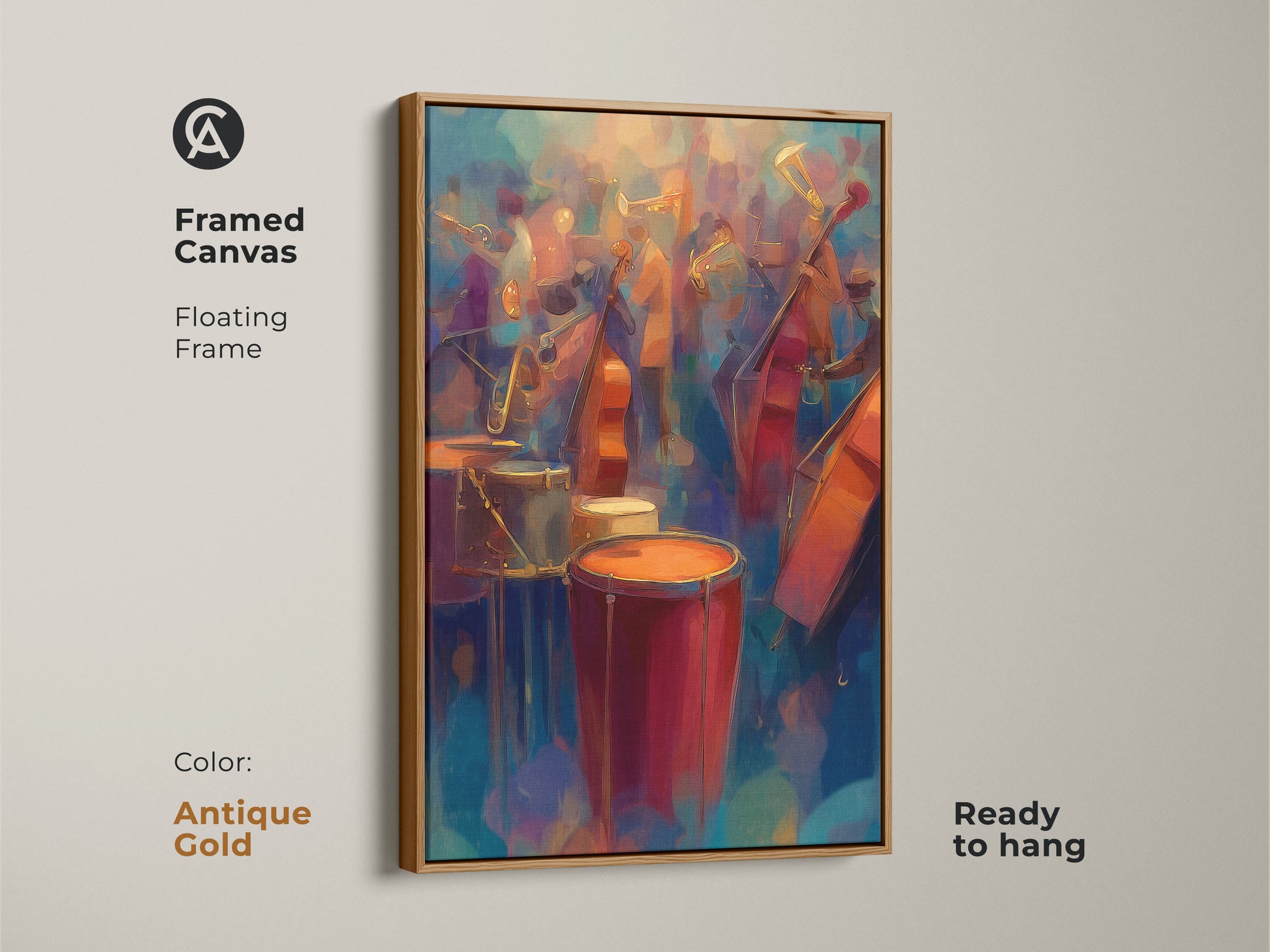 This abstract jazz band artwork is framed in antique gold. The canvas features a floating frame. It is ready to hang. The eclectic wall decor adds a vintage touch for music aficionados.