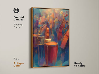 This abstract jazz band artwork is framed in antique gold. The canvas features a floating frame. It is ready to hang. The eclectic wall decor adds a vintage touch for music aficionados.