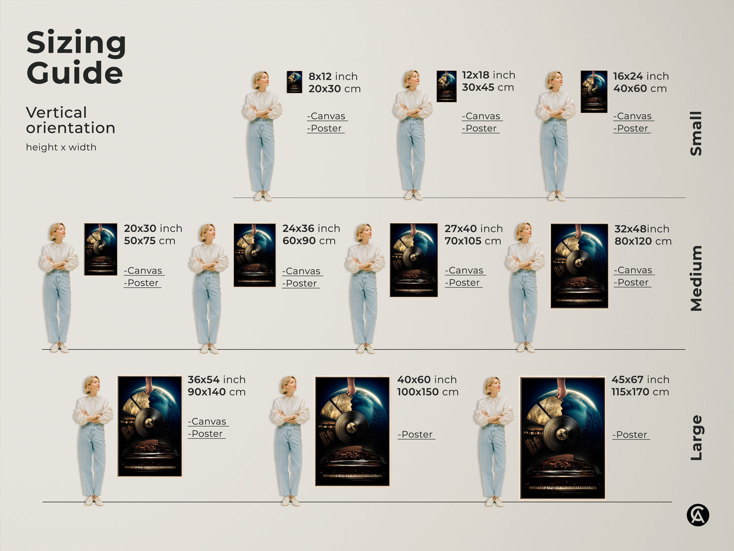 Sizing guide for surreal Earth & Piano Canvas Art. Visualizes vertical canvas and poster prints in various sizes from small to large. Find the perfect fit of this conceptual music-themed wall art for your home or office.