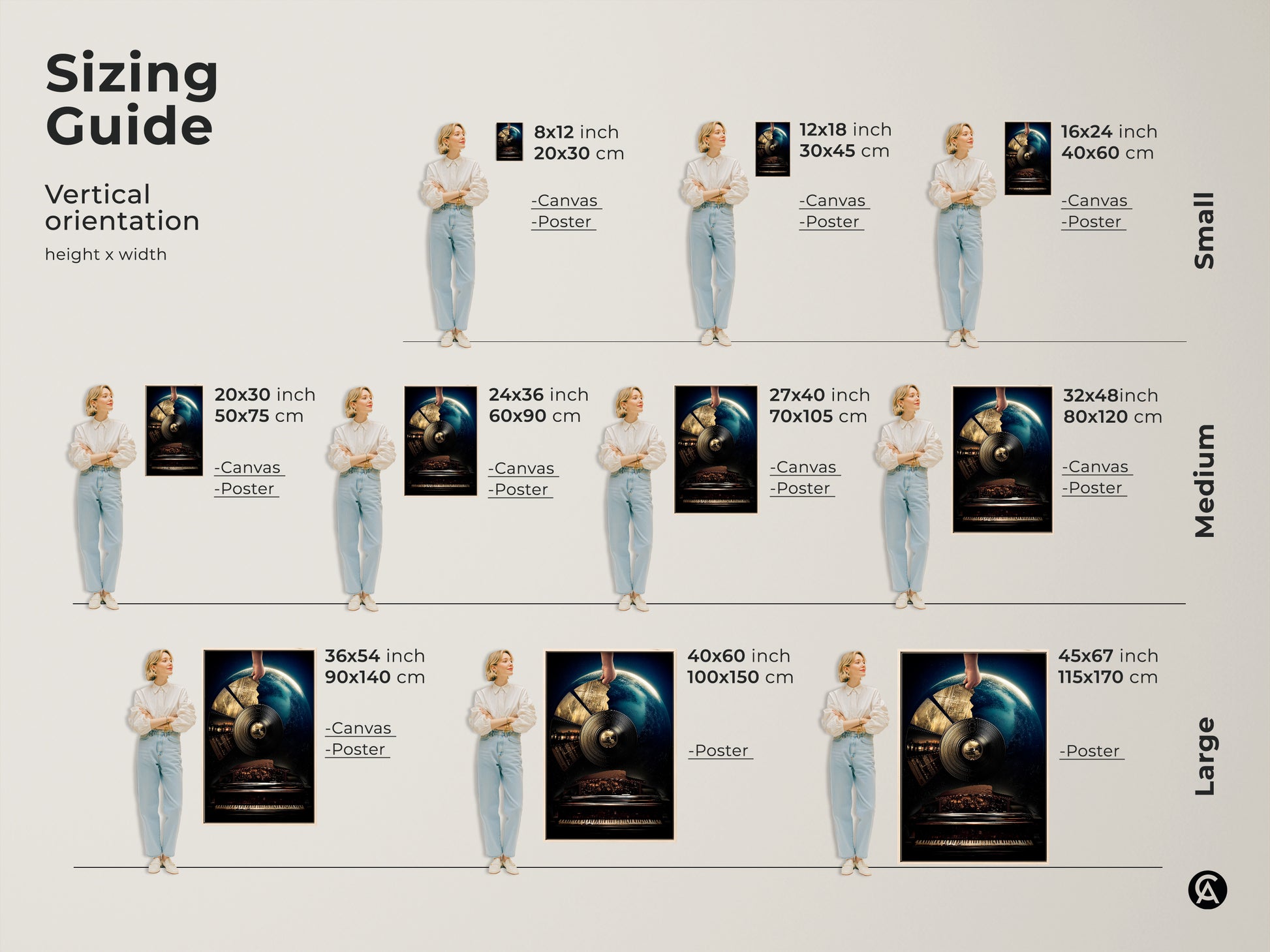 Sizing guide for surreal Earth & Piano Canvas Art. Visualizes vertical canvas and poster prints in various sizes from small to large. Find the perfect fit of this conceptual music-themed wall art for your home or office.