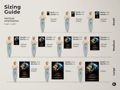 Sizing guide for surreal Earth & Piano Canvas Art. Visualizes vertical canvas and poster prints in various sizes from small to large. Find the perfect fit of this conceptual music-themed wall art for your home or office.