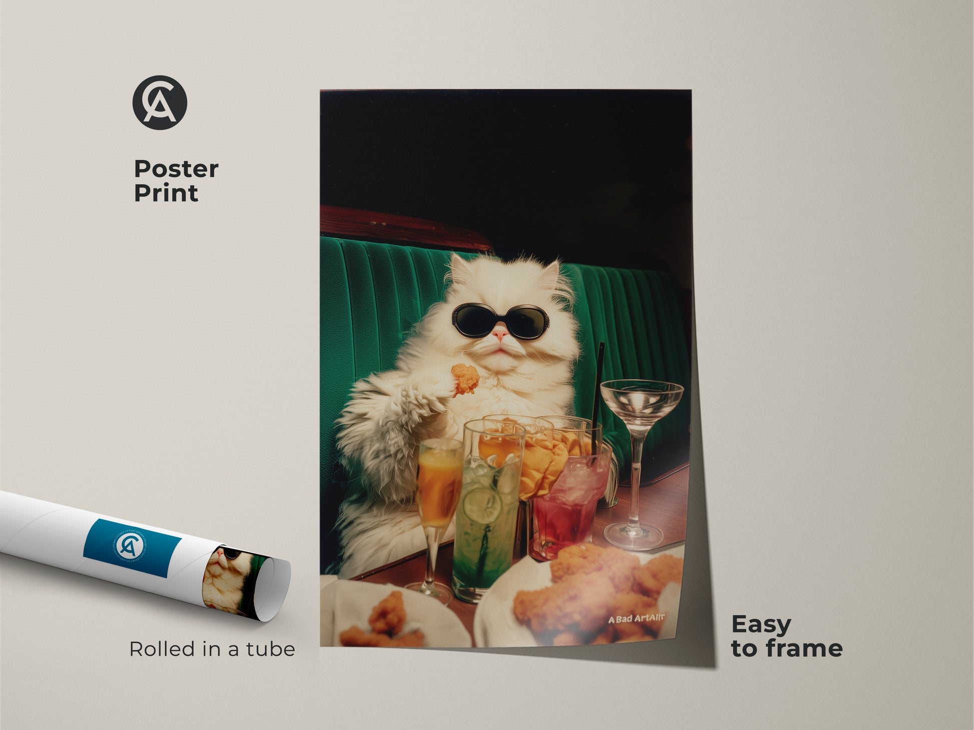 Poster print of a persian cat wearing sunglasses. The cat sits at a table with drinks and chicken nuggets. This fun art ships rolled in a tube. It is easy to frame and will look great in your home decor.