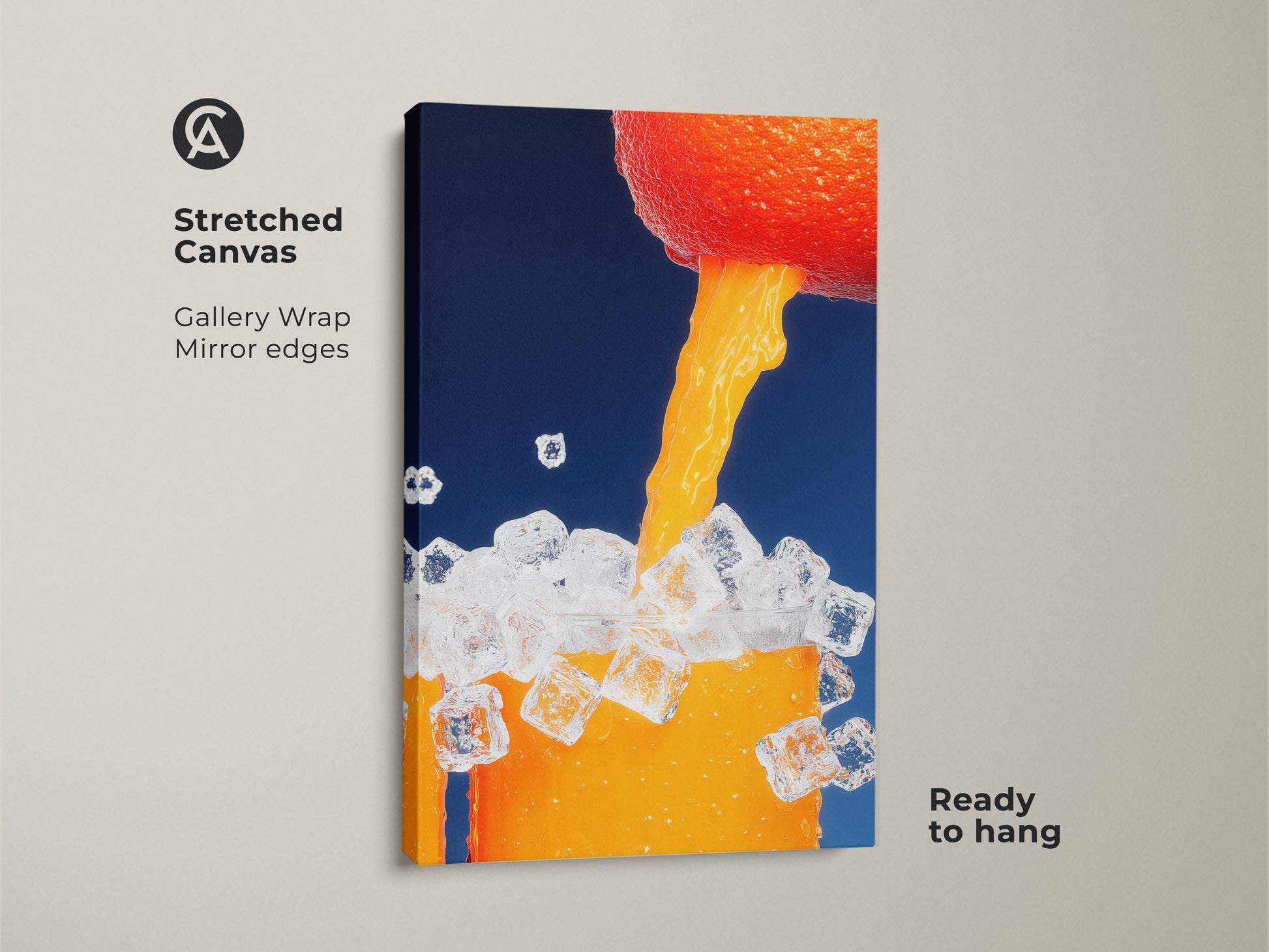 Stretched canvas print showcases abstract orange juice art. The gallery wrap with mirror edges offers a modern look. Ready to hang this contemporary beverage art will enhance any space. Perfect for kitchen or home bar decor.