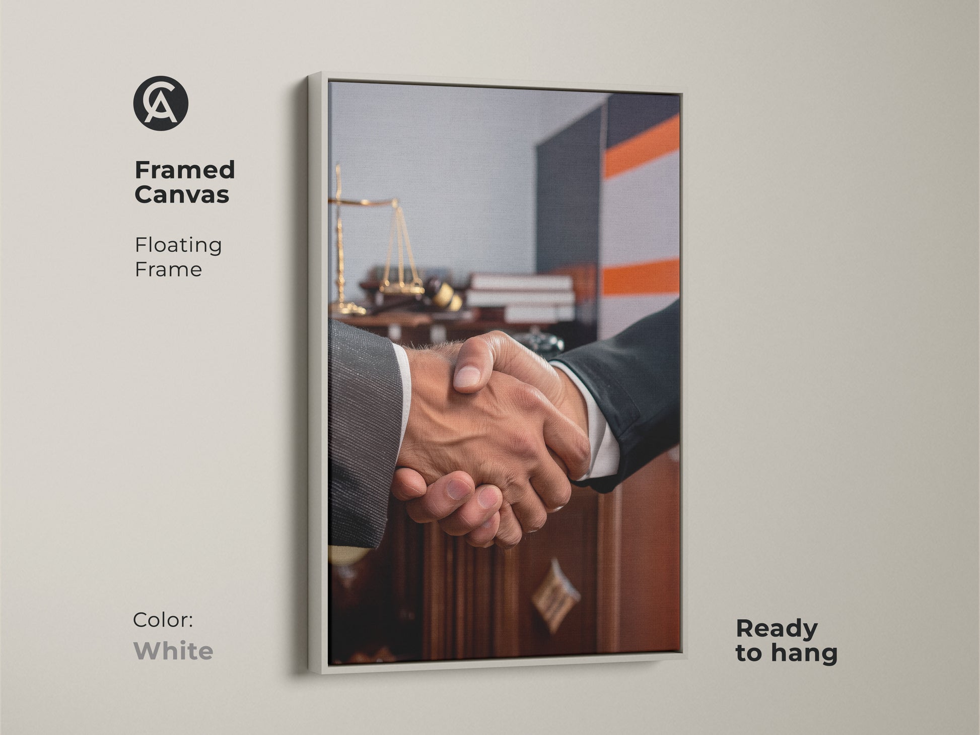Framed canvas featuring handshake artwork perfect for a lawyer gift. Floating in a white frame it showcases scales of justice. Ready to hang this contemporary office art symbolizes a business agreement. Ideal for legal offices this dark brown and grey art promotes partnership and trust. Elevate your professional space with this sophisticated office decor.