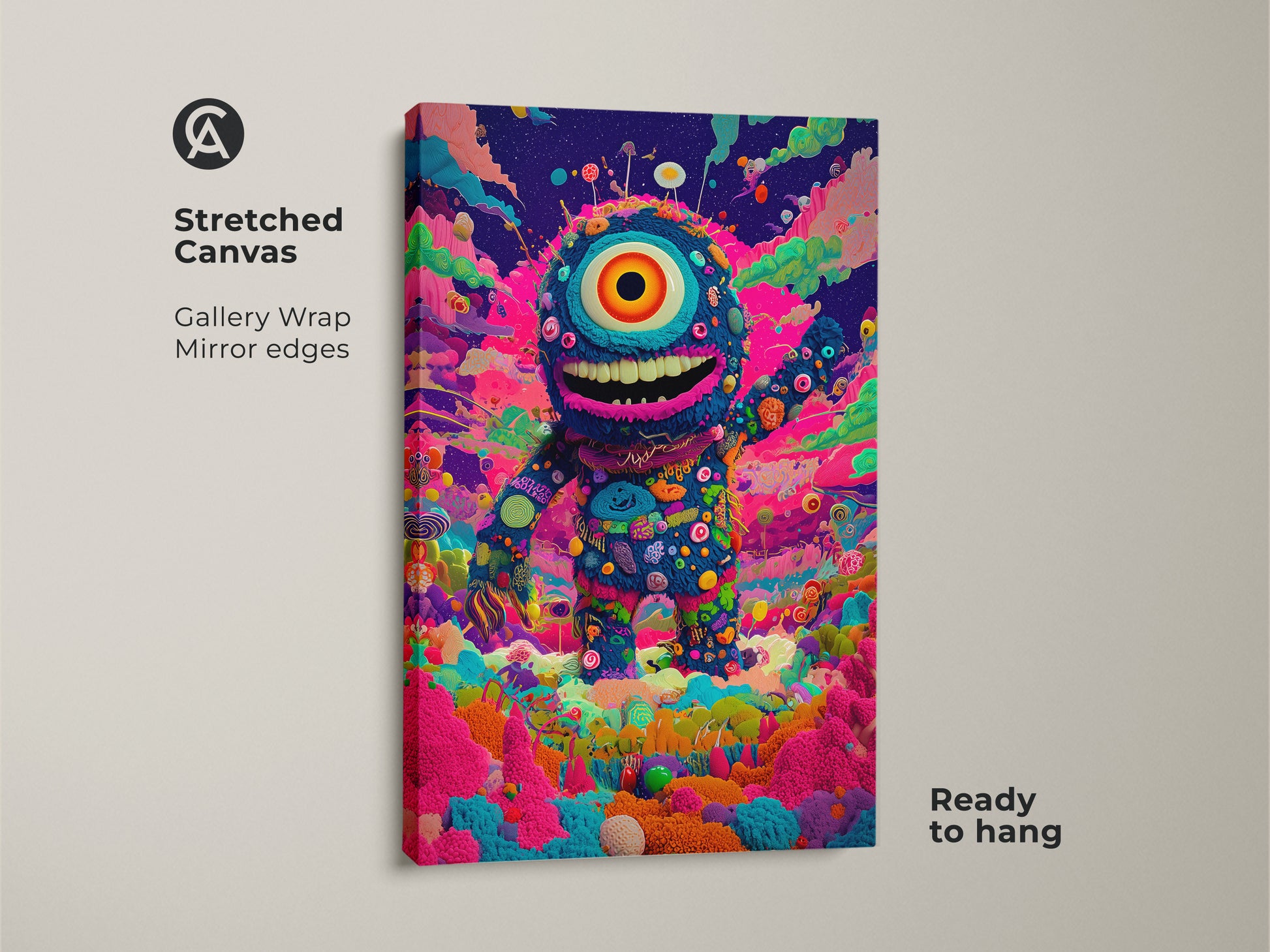 Stretched canvas of a whimsical monster artwork. The gallery wrap has mirror edges. A colorful one-eyed character is presented on premium canvas. This vibrant artwork is ready to hang. Perfect for adding a playful touch to your wall decor.
