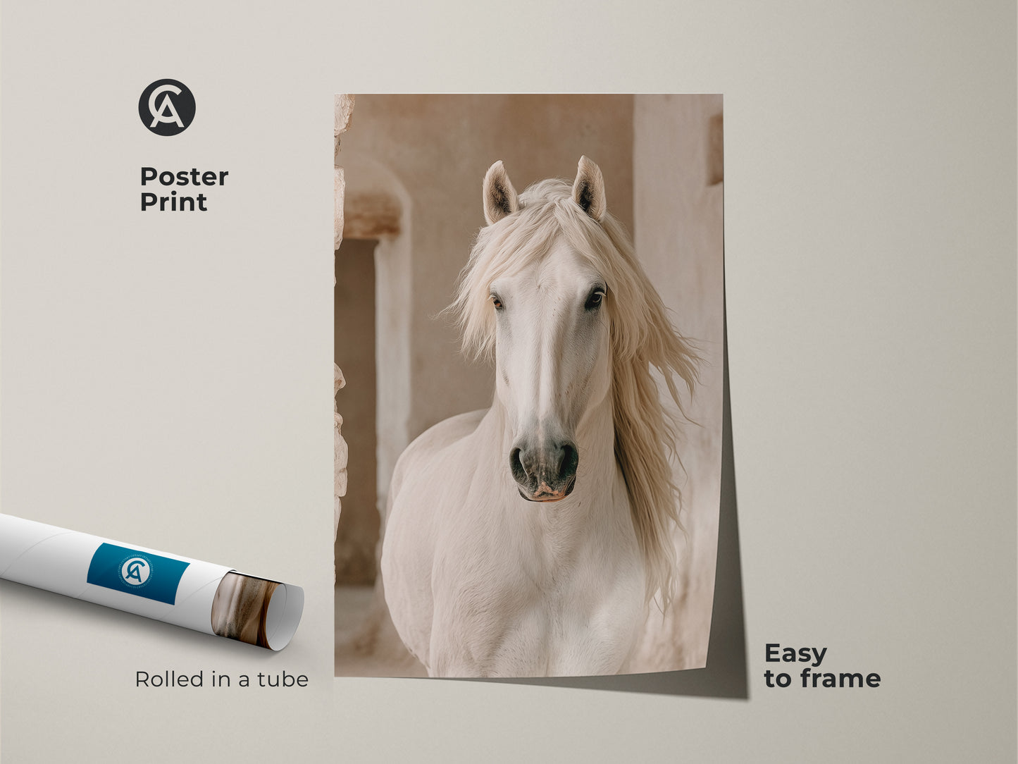 Poster print of a photorealistic white horse. Rolled in a tube and easy to frame. This cream beige animal artwork is a great gift for equestrian art and natural home decor.