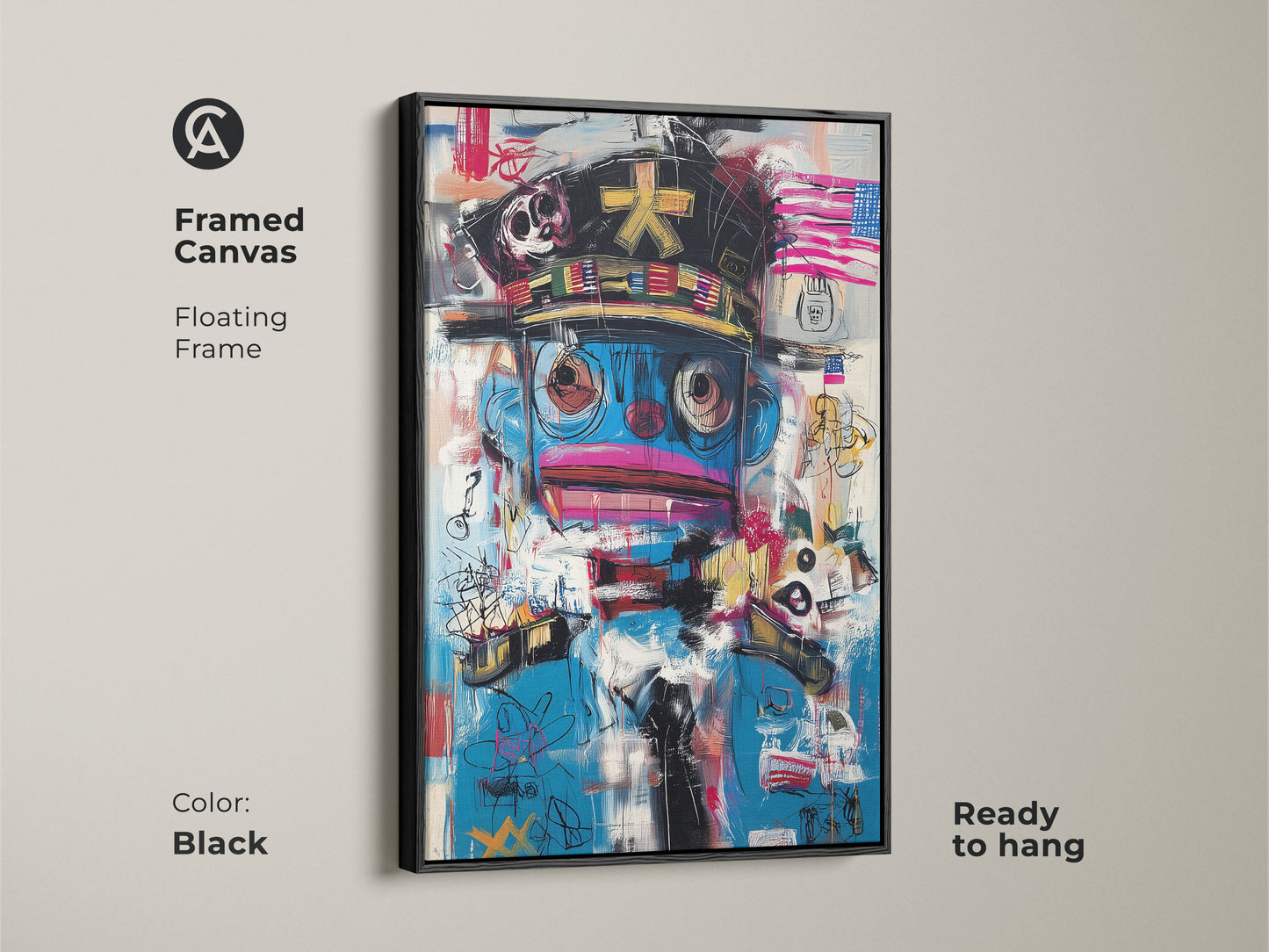 Framed canvas featuring graffiti style character art. Showcasing a floating frame this abstract pop culture piece in black adds a modern touch. Ready to hang this eclectic artwork enhances any space. Its blue and red abstract artwork is a must-have statement piece.