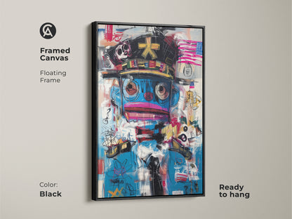 Framed canvas featuring graffiti style character art. Showcasing a floating frame this abstract pop culture piece in black adds a modern touch. Ready to hang this eclectic artwork enhances any space. Its blue and red abstract artwork is a must-have statement piece.